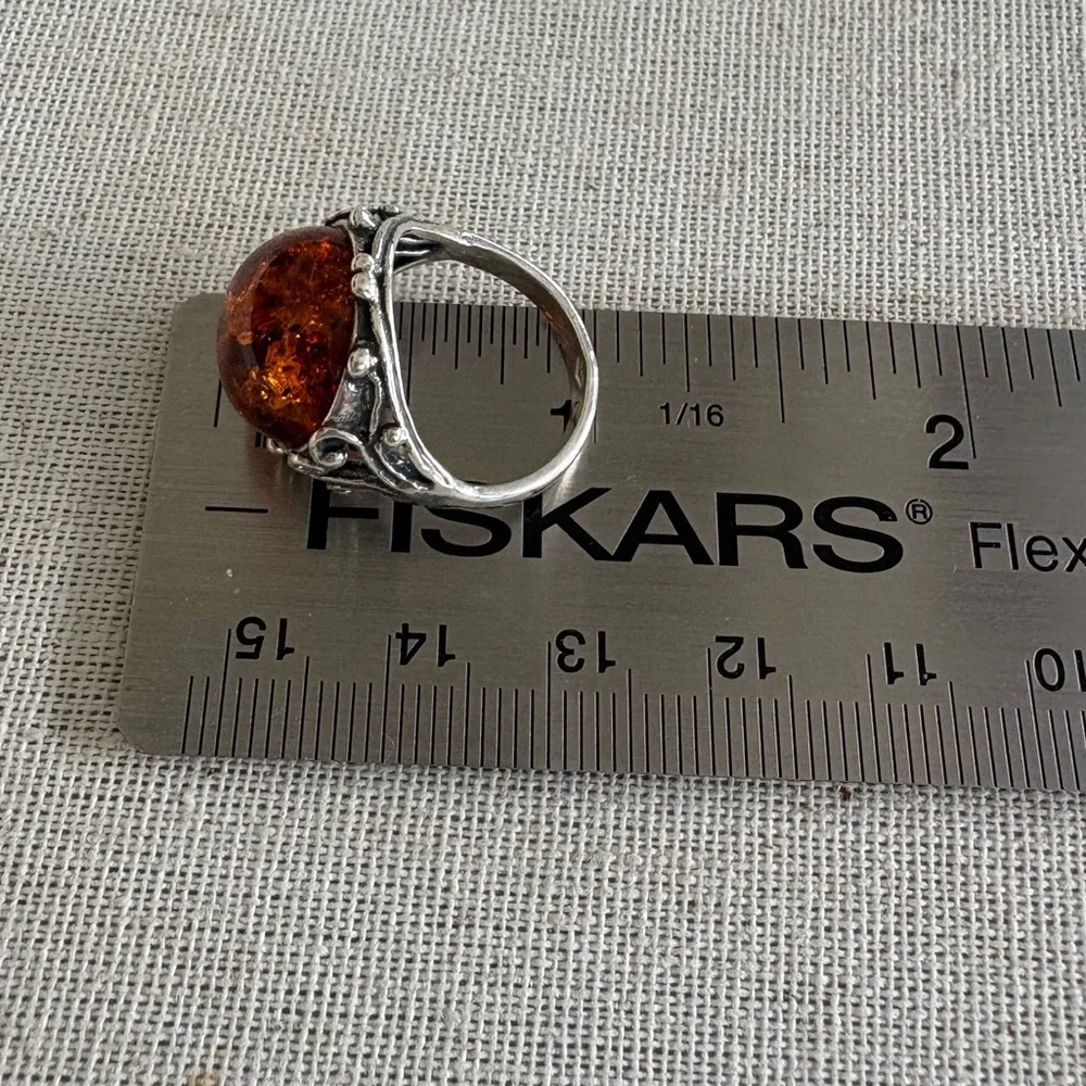 Sterling Silver and Amber Cabochon Bezel Set Ring